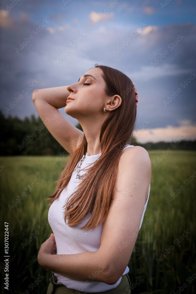 Beautiful girl in the field. Spring/Summer photo. Summer style, shades of clothes match the color of the environment. Beautiful girl in the field. Spring/Summer photo. Summer style, shades of clothes match the color of the environment.