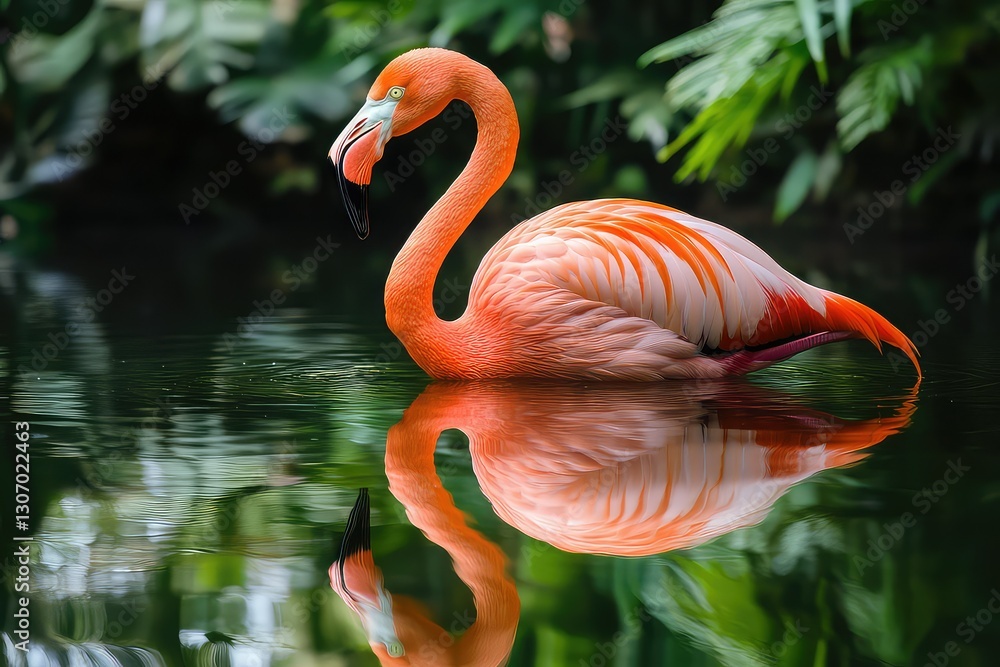 Fototapeta premium A flamingo fully still, its reflection almost perfectly mirroring it.
