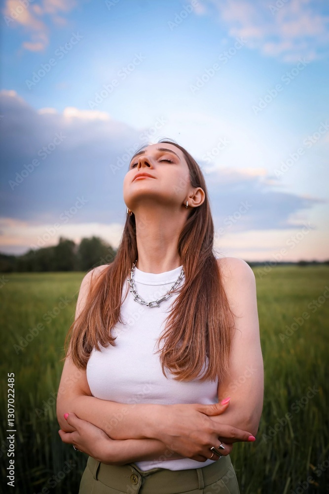 Beautiful girl in the field. Spring/Summer photo. Summer style, shades of clothes match the color of the environment. Beautiful girl in the field. Spring/Summer photo. Summer style, shades of clothes match the color of the environment.