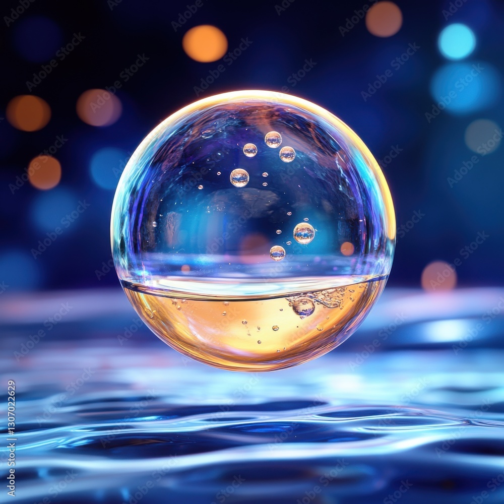 A reflective bubble floats above a rippling surface, illuminated by colorful lights. A reflective bubble floats above a rippling surface, illuminated by colorful lights.