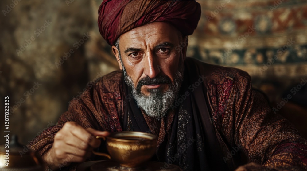 An older man wearing a turban holding a golden cup An older man wearing a turban holding a golden cup