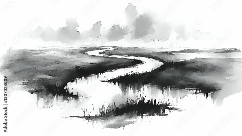 Fototapeta premium Monochrome river meandering through grassy wetlands under cloudy sky, ideal for peaceful nature design