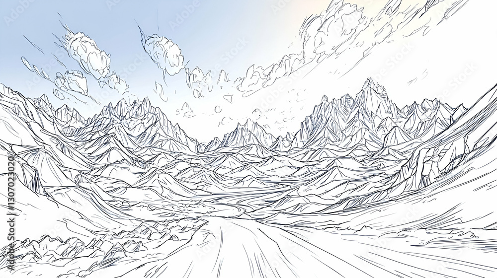 Mountain road sketch, scenic valley landscape, sunrise, design element Mountain road sketch, scenic valley landscape, sunrise, design element