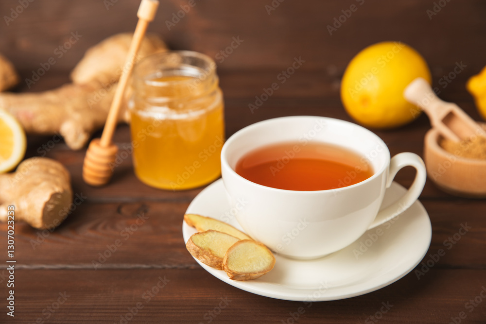 Cup of hot ginger tea with slices of ginger root on wooden background. Warming drink. Alternative medicine. Tea with honey, lemon, ginger and mint. Space for text. Copy space Cup of hot ginger tea with slices of ginger root on wooden background. Warming drink. Alternative medicine. Tea with honey, lemon, ginger and mint. Space for text. Copy space