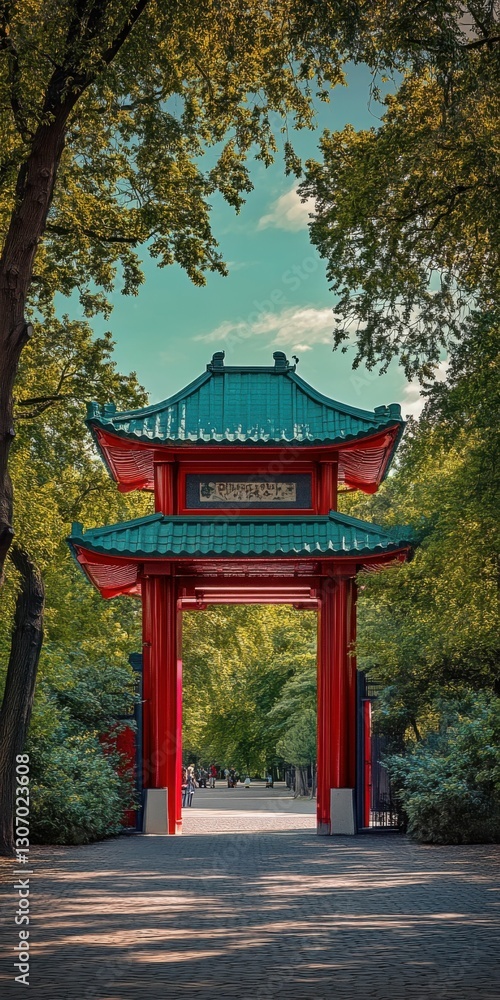 Zoo Gate Berlin: Red Pagoda Style Entrance with Green Trees Under Blue Sky Zoo Gate Berlin: Red Pagoda Style Entrance with Green Trees Under Blue Sky