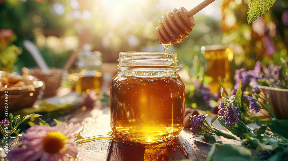 close up of honey dripping from dipper into jar, surrounded by flowers and sunlight, evokes warm, natural feeling close up of honey dripping from dipper into jar, surrounded by flowers and sunlight, evokes warm, natural feeling