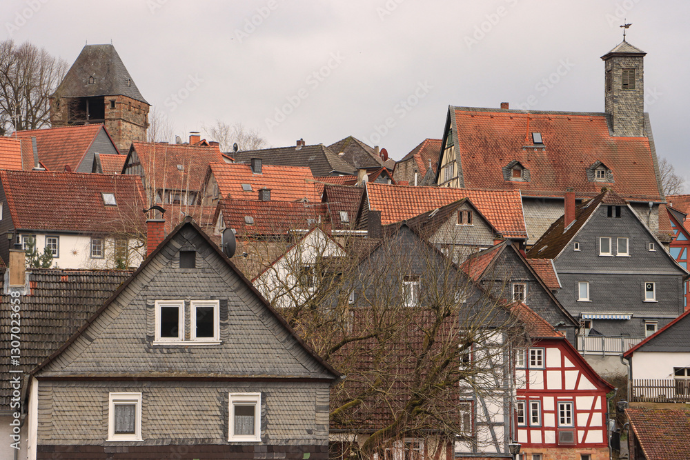 custom made wallpaper toronto digitalRomantisches Fachwerkstädtchen über der Nidder, Blick auf Ortenberg mit Obertor und Rathaus