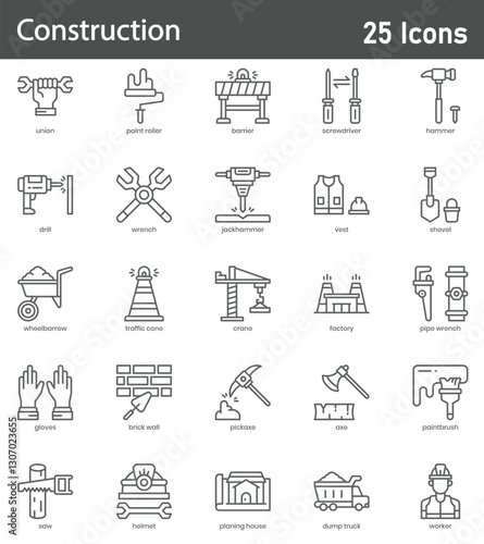 Construction Line Icons Set. 25 outline vector icons depicting construction sites, heavy-duty instruments, worksite gear, structural elements, and industrial operations. Editable stroke