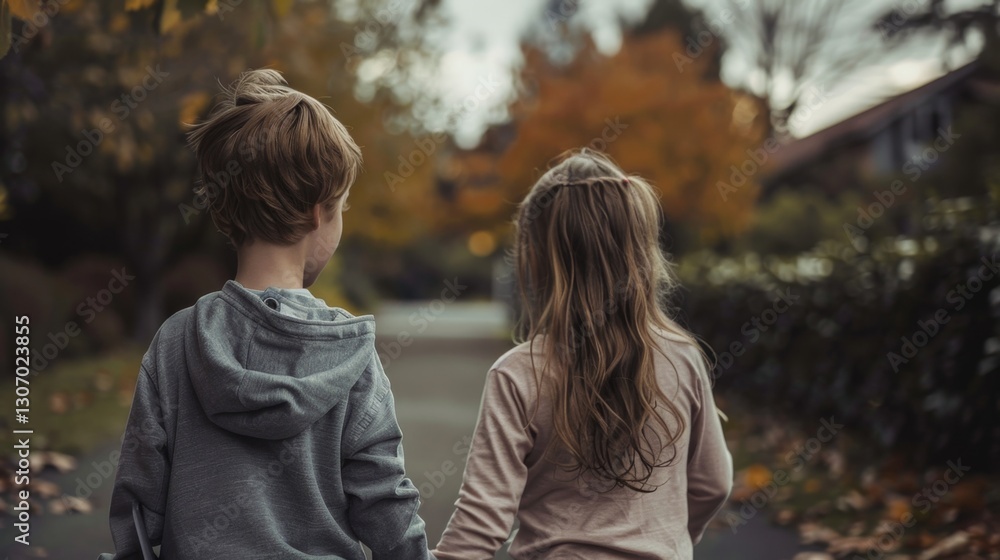 Fototapeta premium A girl and a boy holding hands, gazing into the distance