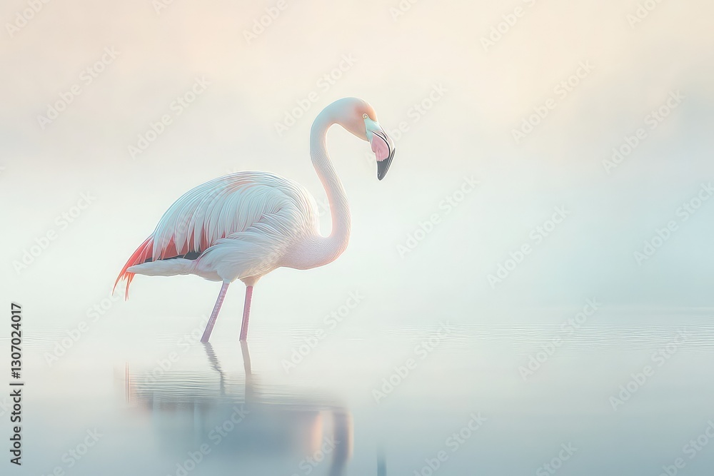 Fototapeta premium A flamingo in soft morning light, gentle shadows adding depth.