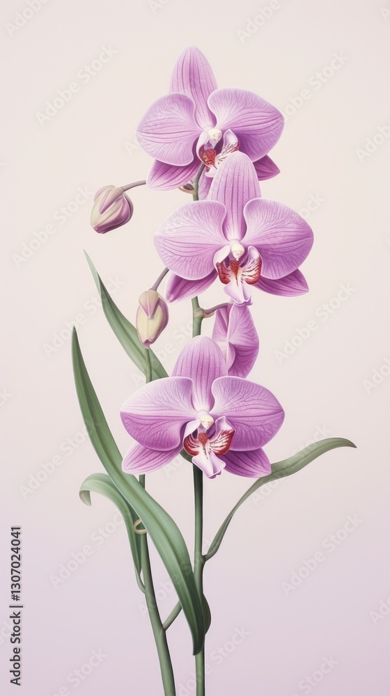 Naklejka premium Vintage drawing purple orchid flower blossom plant.