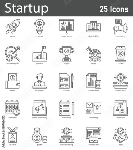 Startup Line Icons Set. Collection of 25 outline icons representing business, entrepreneurship, innovation, growth, and startup essentials. Editable stroke vector illustration.