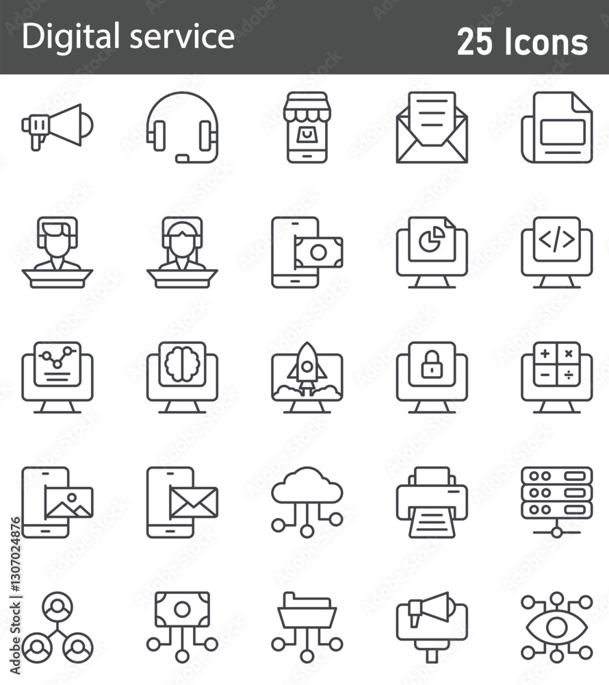 Digital Service Line Icons Set. Collection of 25 outline icons representing online services, digital platforms, technology, internet solutions, and virtual tools. Editable stroke vector illustration. Digital Service Line Icons Set. Collection of 25 outline icons representing online services, digital platforms, technology, internet solutions, and virtual tools. Editable stroke vector illustration.