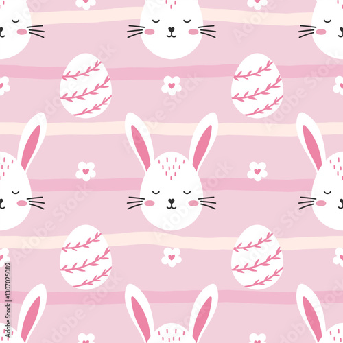Cute and festive seamless vector illustration of bunnies, eggs, and floral elements in pastel colors, ideal for creating joyful designs for nurseries, wrapping paper, and Easter celebrations