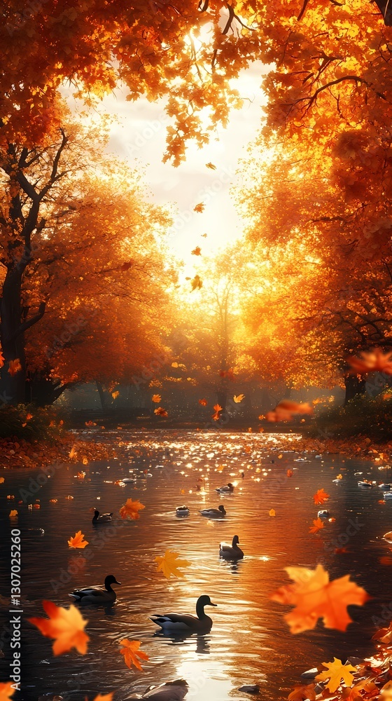 Fototapeta premium Autumn Leaves, Ducks, & Sunlight on a River