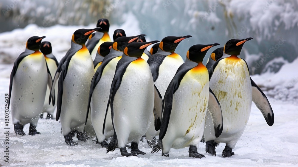 Fototapeta premium A group of penguins socializing on icy terrain in their natural habitat