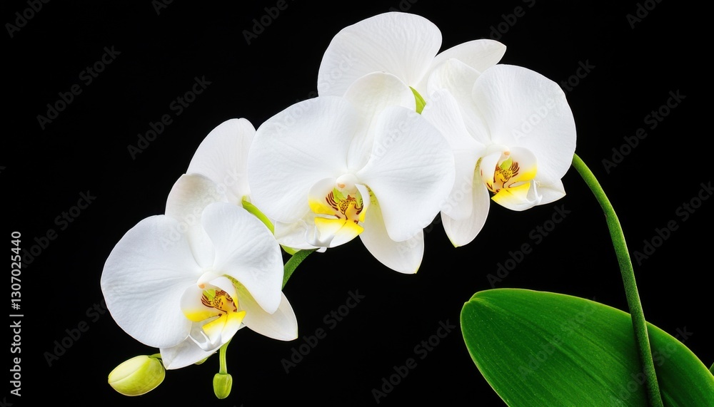 Fototapeta premium Beautiful white orchids with delicate petals against a black background.