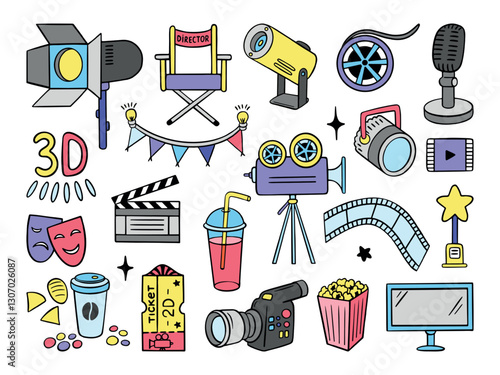 Movie icons. Doodle style cinema symbols, film tape, cameras, clapperboard, director chair, ticket. Hand drawn entertainment neoteric vector elements