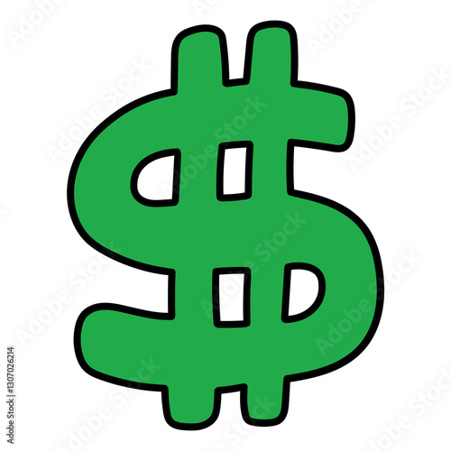 Hand drawn cartoon green dollar sign on white background.