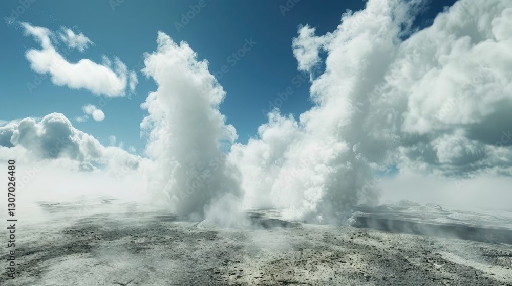 Geothermal landscape with vapor columns against vibrant sky panorama Geothermal landscape with vapor columns against vibrant sky panorama