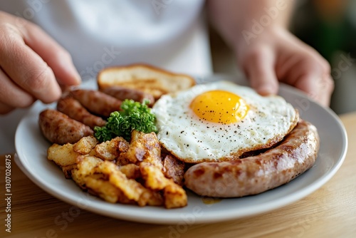 An energetic breakfast plate filled with sunny-side-up eggs, sausage links, and crispy hash browns, invoking feelings of vitality and wellness for a fantastic start to the day. photo