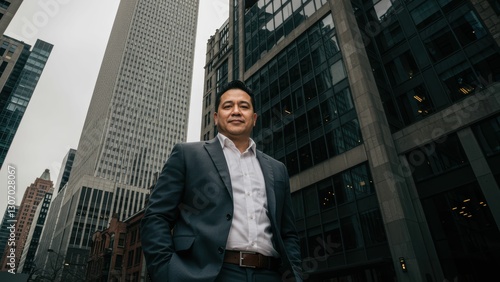 Wallpaper Mural Professional man stands confidently in urban setting surrounded by modern skyscrapers, symbolizing business success and modernity Torontodigital.ca