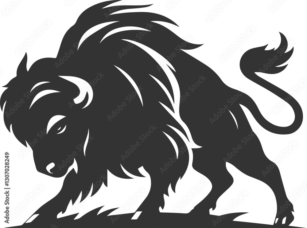 Fototapeta premium Buffalo in a defensive stance and hooves digging into the ground animal vector silhouette