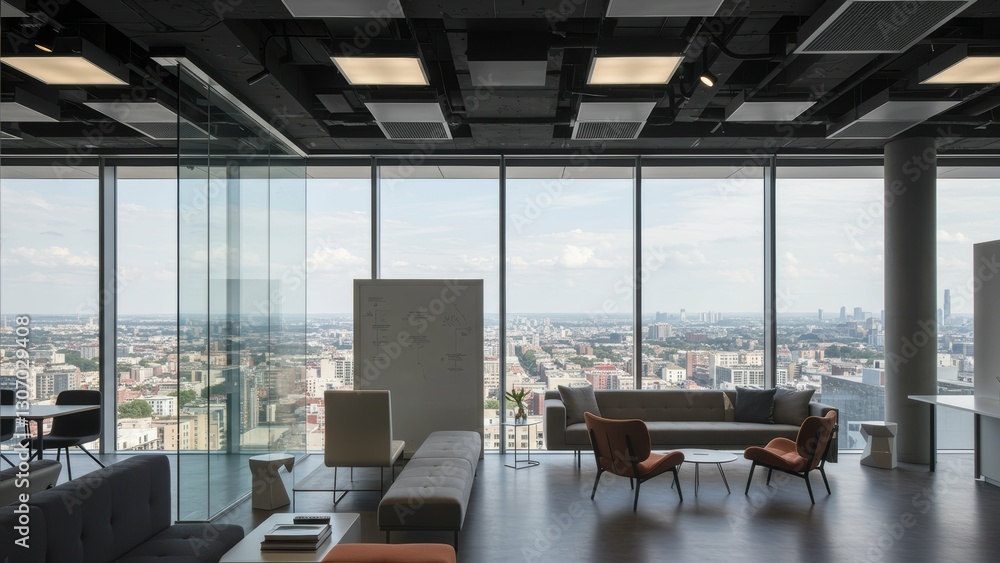 Modern office space with city skyline view, featuring stylish furniture and a bright, airy atmosphere for productive work Modern office space with city skyline view, featuring stylish furniture and a bright, airy atmosphere for productive work