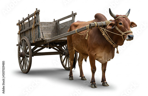 Bullock Cart on white background. Traditional Bullock Cart, farmer transport, crops delivery to market. Classical village icon.