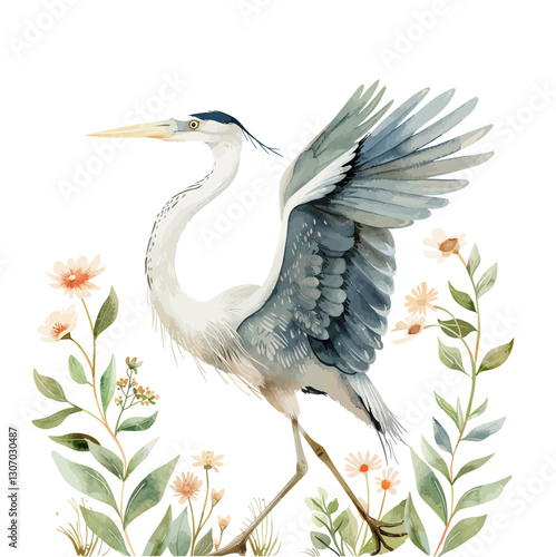 Herons in oriental style with cattails, wildlife illustration, vector isolated in vintage watercolor style.