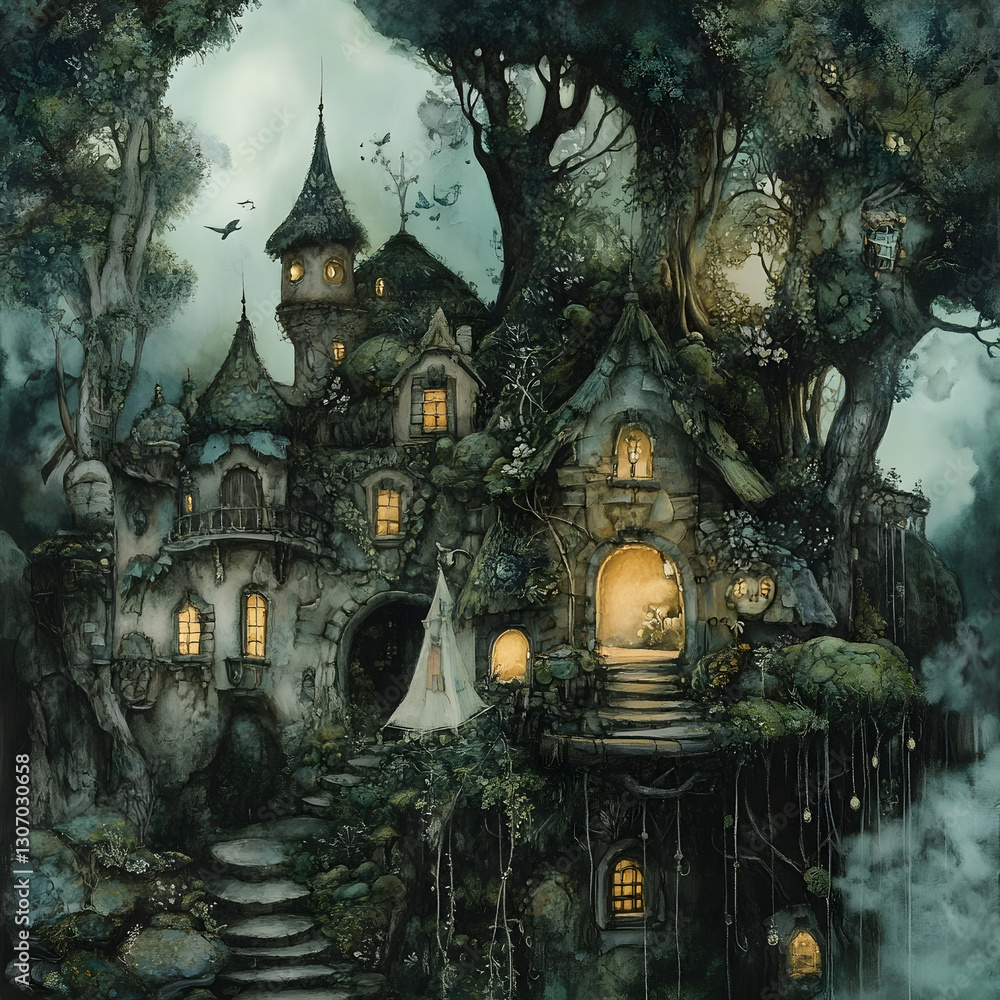 Fototapeta premium Enchanting forest castle, woman approaching, mystical background, fantasy illustration