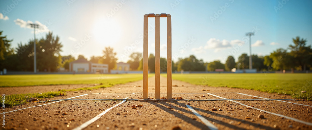 Fototapeta premium Cricket ball, stumps and bails set up on a pitch under a bright sunny sky for tournament advertising and event promotion