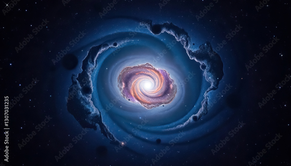 Whirlpool galaxy with central core surrounded by blue cosmic dust and distant stars Whirlpool galaxy with central core surrounded by blue cosmic dust and distant stars