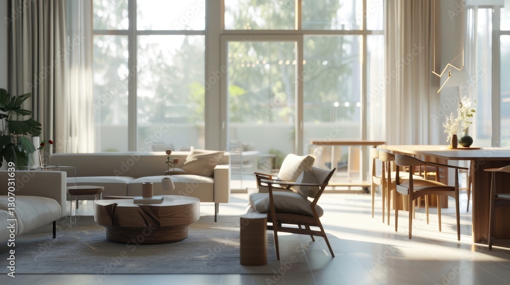 Fototapeta premium Bright and Airy Modern Living Room with Dining Area in Light Tones