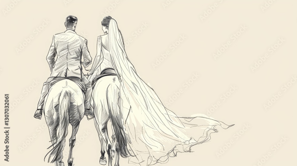 Obraz premium A wedding drawing of the bride and groom riding on horseback, with a white background, simple lines, and a minimalistic, sketch-like style 