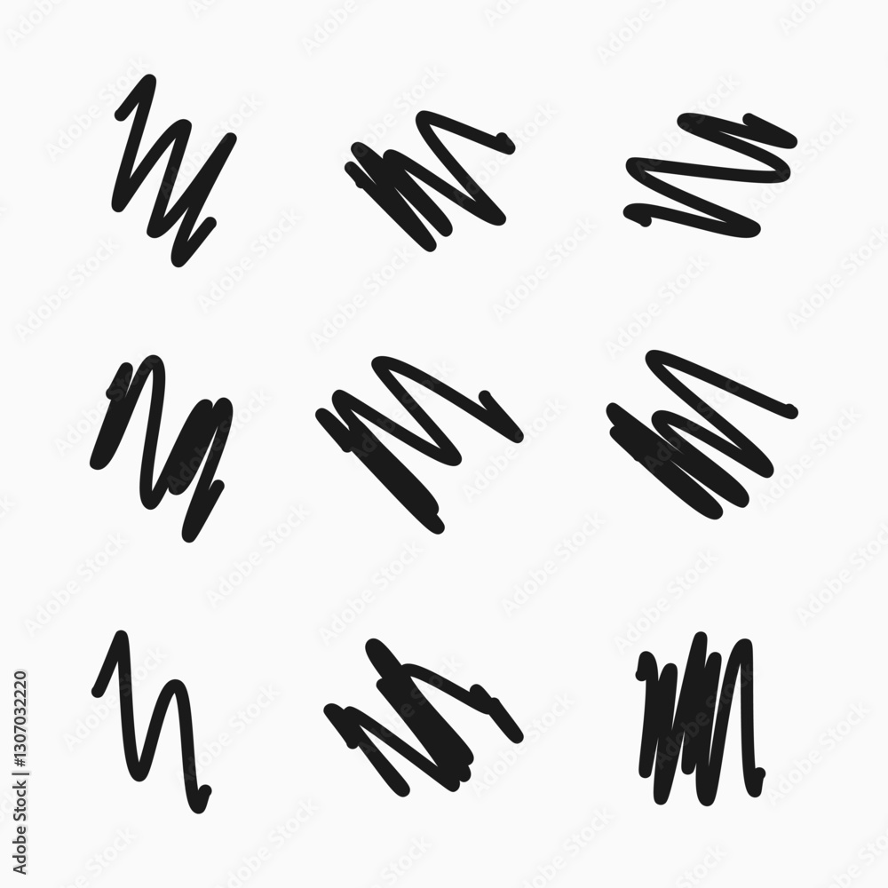Scribble with a black marker. Set of nine doodle style various scribbles. Black hand drawn design elements on white background. Vector illustration Scribble with a black marker. Set of nine doodle style various scribbles. Black hand drawn design elements on white background. Vector illustration