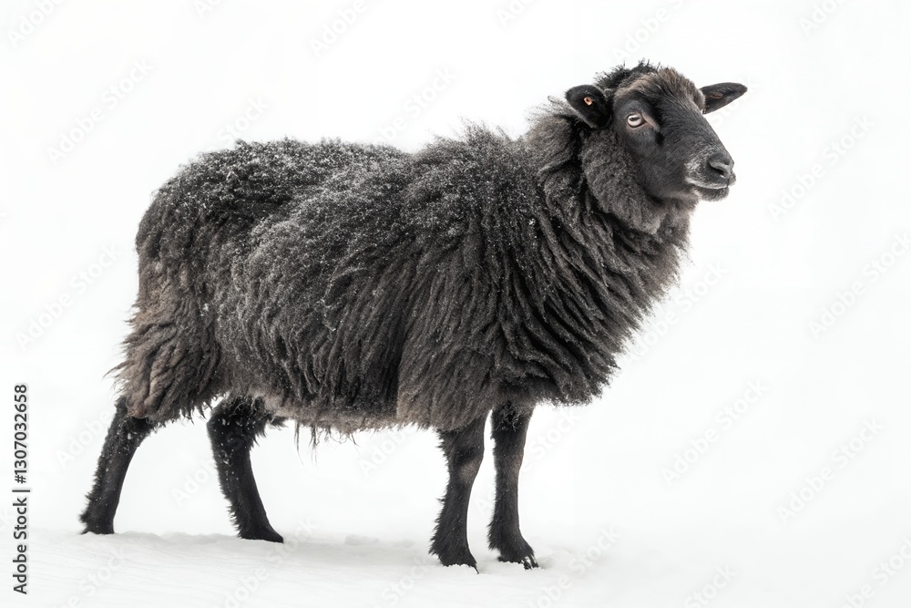 Black Sheep Standing in Snow on White Background Black Sheep Standing in Snow on White Background
