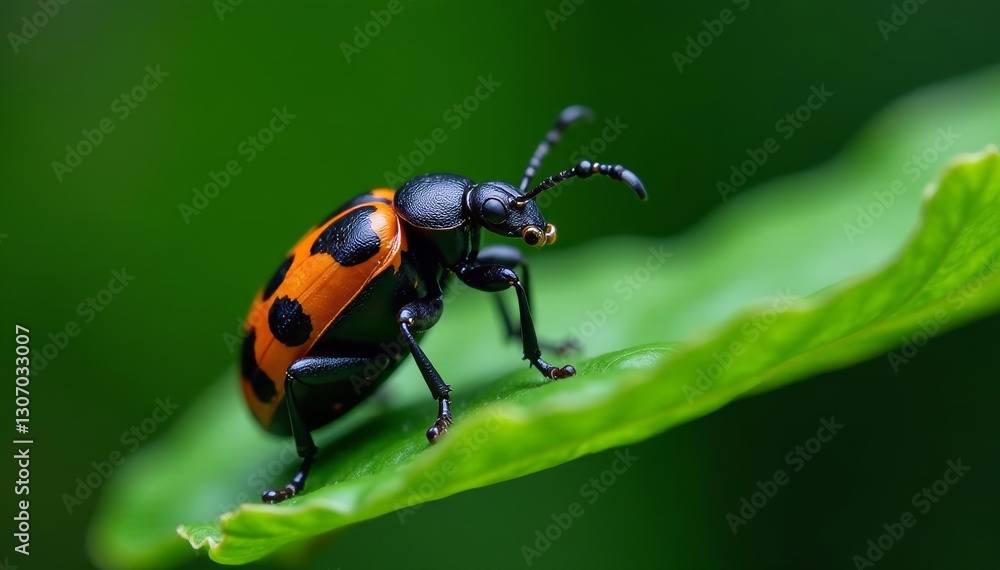 Naklejka premium Striking black & orange beetle detail on rainforest plant, beetle, entomology, orange