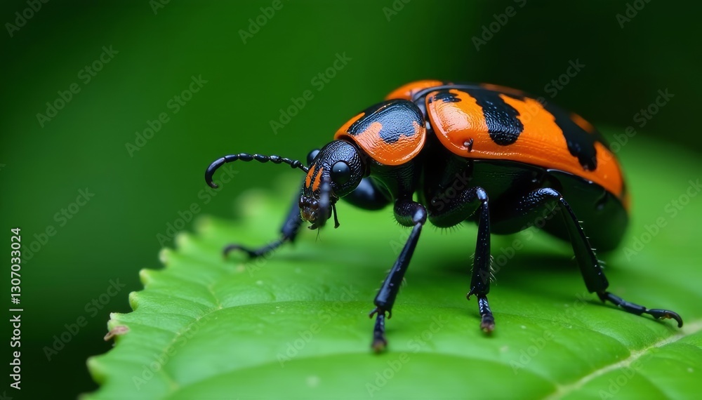 Fototapeta premium Striking black & orange beetle detail on rainforest plant, insect, wildlife