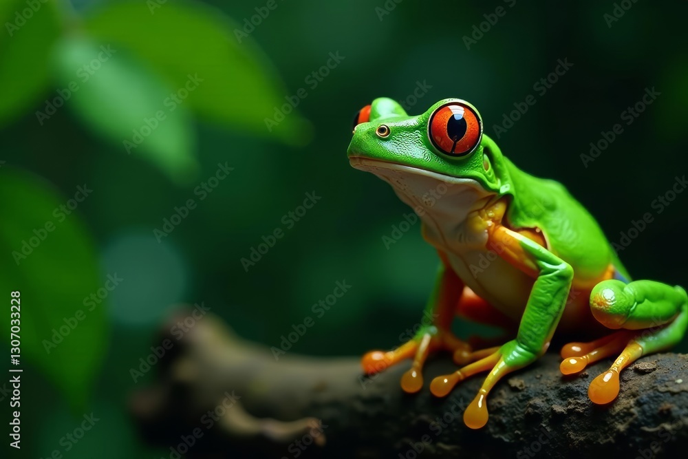 Vibrant green frog, bulging eyes, rainforest setting, eyes, tropical Vibrant green frog, bulging eyes, rainforest setting, eyes, tropical