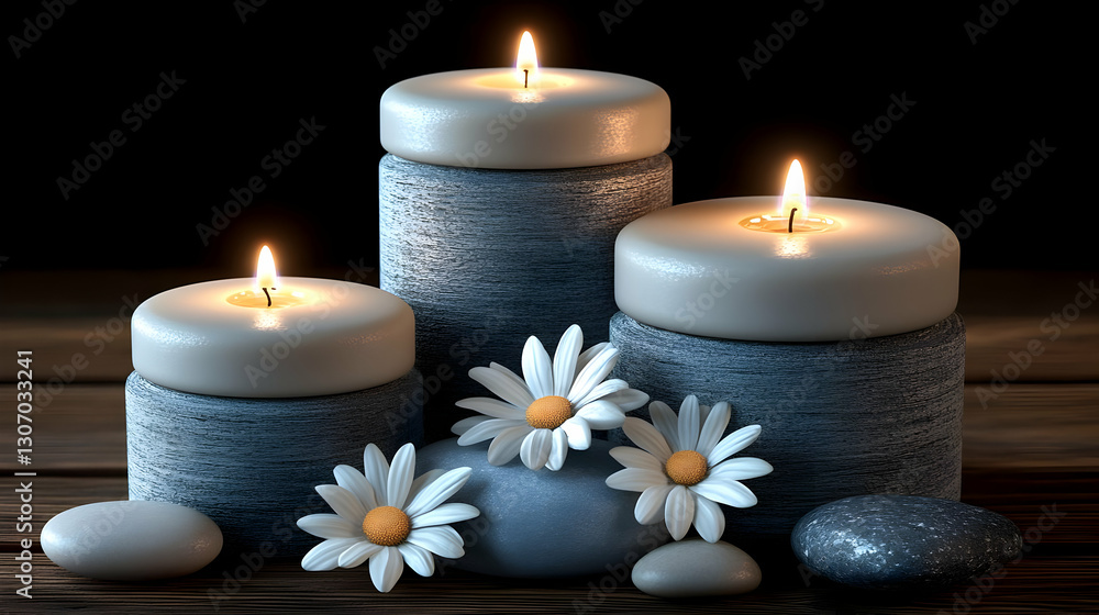 Calm candles, daisies, stones, dark background, spa Calm candles, daisies, stones, dark background, spa