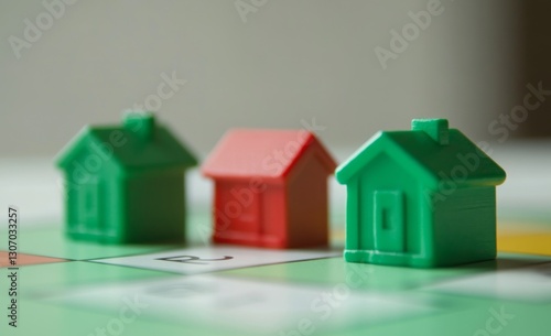 Miniature houses on a board game, property trading, close-up, game board in background