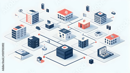 Wallpaper Mural Global Network Isometric Illustration of interconnected buildings, servers, and devices, representing data flow and communication, used for technology and business presentations Torontodigital.ca