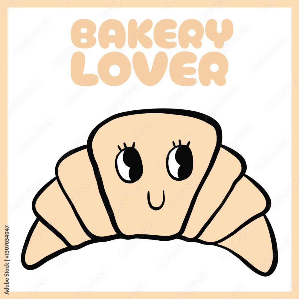 Playful digital illustration of a smiling croissant with Playful digital illustration of a smiling croissant with