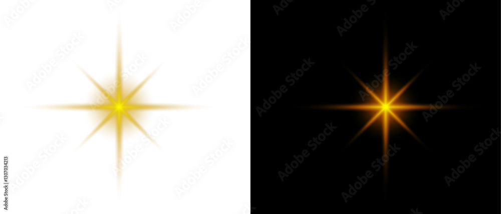 Fototapeta premium Png gold star light, sparkle. Yellow light effect. Shining light with yellow gold color. Png spotlight spark.Vector transparent sunlight special lens flare light effect.
