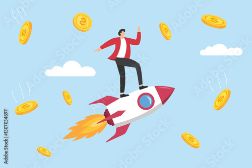 A rich businessman riding a rocket in the sky with falling gold coins. Concept of financial success, startup growth, high return on investment, profits, income increase, flat vector illustration.