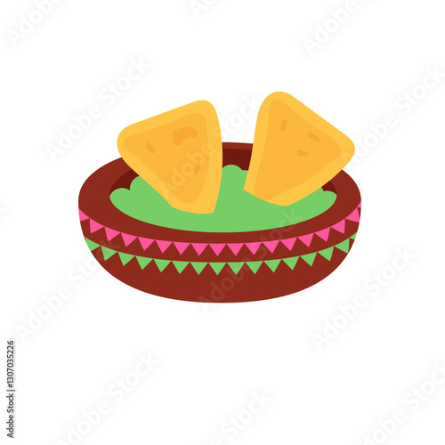 Nachos with guacamole. Traditional Mexican food. Corn tortilla chips and avocado sauce. icon illustration