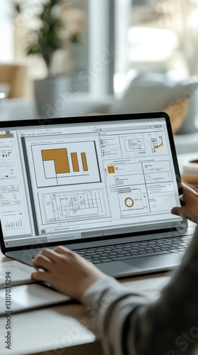 A person works on a laptop, designing wireframes and layouts for digital projects in a bright, modern office space