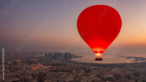 Balon o wschodzie słońca nad miastem