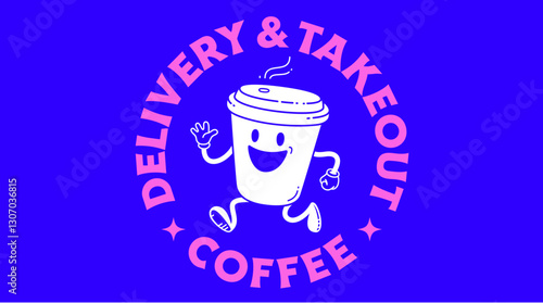 Coffee cup, funny character mascot. Design template, logo, sign, graphic element for advertising, branding, poster. Funny coffee cup, cartoon character mascot, smile coffee cup. Vector Illustration